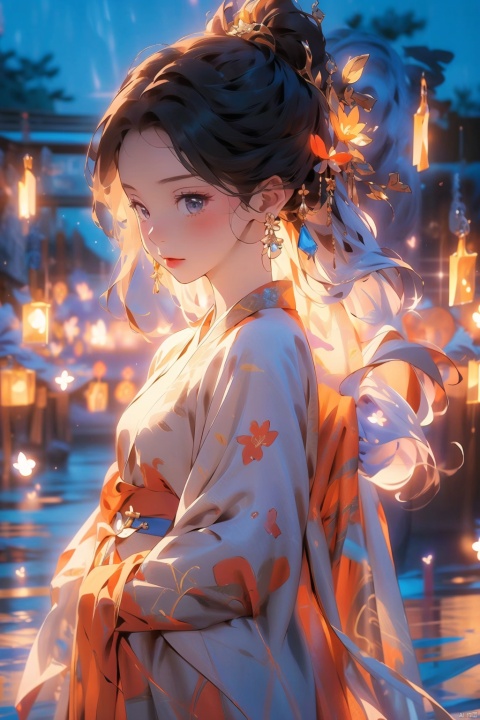  （Best quality,masterpiece.）Super cute girl flower dream, movie lighting, wide angle and super details, 8k Hanfu silk, covered in magpie patterns, bright colors, bright lighting, high details., zanhua, girl