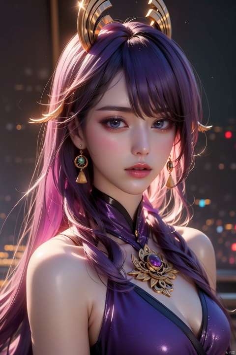 Asian women, wearing metallic purple clothing, angular decorations, purple gold makeup, white purple jade style, surrealist ceramic sculptures, purple emerald and light purple, realistic fantasy art pieces, mythological references. Neon lights, cosmic background, wide-angle lens, soft side lighting, dreamy expressions, mysterious atmosphere, and softness., Light-electric style, 372089, Houyue