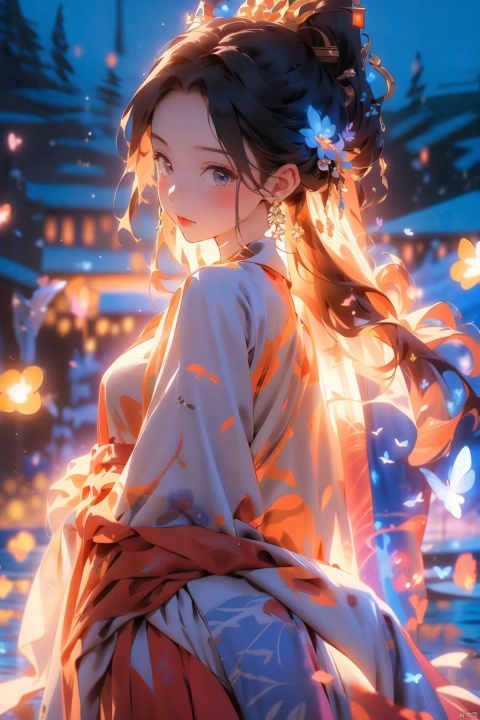  （Best quality,masterpiece.）Super cute girl flower dream, movie lighting, wide angle and super details, 8k Hanfu silk, covered in magpie patterns, bright colors, bright lighting, high details., zanhua, girl