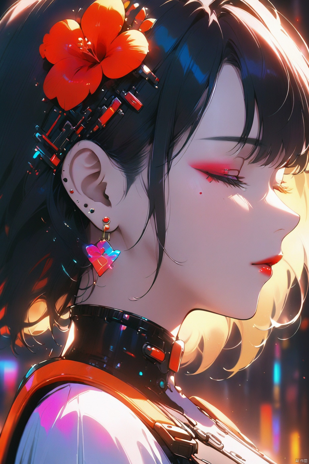 1girl, solo, black hair, hair ornament, jewelry, closed eyes, flower, earrings, parted lips, mole, blurry, from side, lips, mole under eye, profile, makeup, depth of field, lipstick, portrait, nose, red lips, colorful, glow,A cyberpunk girl