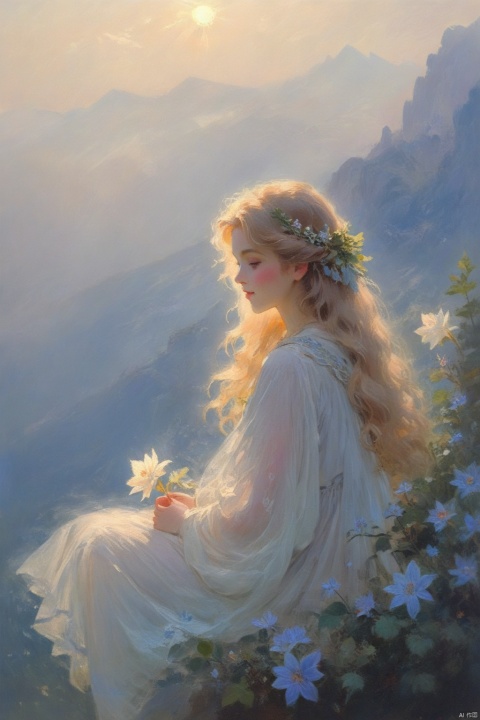 (High-definition details, delicate light and shadow, dreamy style: 1.3), exquisite picture, a girl with long flowing hair, wearing a light gauze, with a fairy spirit. The background is mist-shrouded mountain peaks, like a fairyland. The girl holds a flower in her hand and looks into the distance with a smile, her eyes full of longing and hope., glow, (\shen ming shao nv\),Hazy light,Floodlight