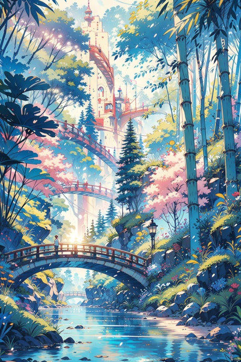 light watercolor,bamboo forest,bright,side view,simple whitebackground,small river,fewdetails,ghibli,fairy tale, cozy animation scenes,动漫