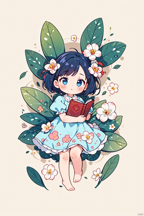 (best quality,masterpiece, original, extremely detailed 8K wallpaper)((absurdres)),(ultra-detailed),(top view)1girl, solo, white background, dress, holding, flower, short sleeves, lying, barefoot, puffy sleeves, puffy short sleeves, book, blue dress, leaf, white flower, pink flower, holding book, floral background, TT, 2D ConceptualDesign