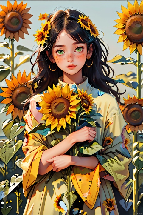 1girl, solo, long hair, looking at viewer, black hair, green eyes, flower,(((Sunflower in the upper right and lower left corner of the screen, big flowers cover the face))), parted lips, artist name, leaf, plant, portrait, freckles, yellow flower, sunflower, flat,bichu, CX, TT, NijiCute