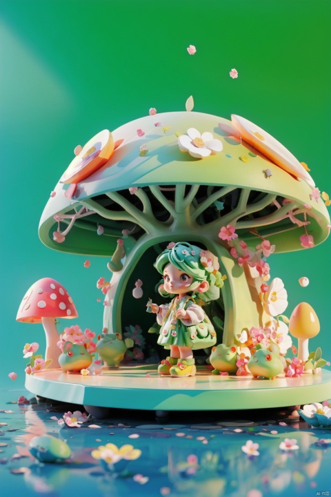  Cartoon 3D scene, a little girl is standing underthe huge mushroom, sheltering from the rain, a little frog is with her.Springtime, Bright green and yellow theme, 3D Render, Blender, masterpiece, HD