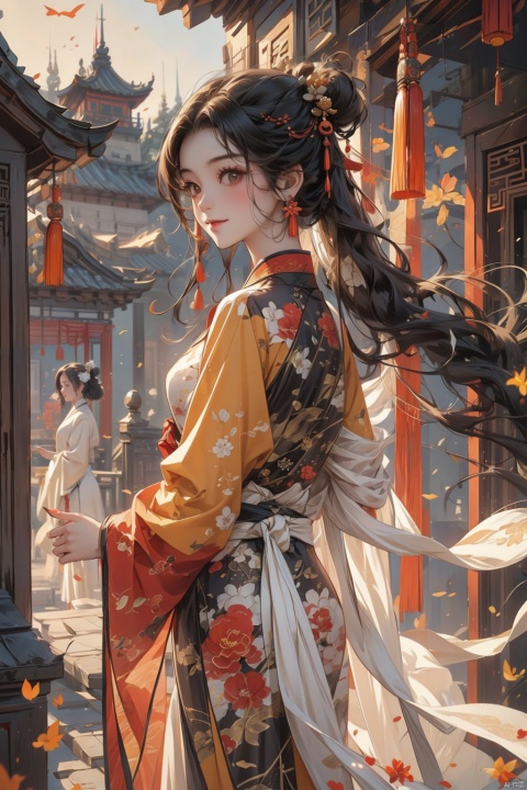  A Chinese girl, dressed in traditional Hanfu, stands in front of an ancient pavilion, her black hair flowing gently in the breeze as she gazes into the distance with a gentle smile. With an ancient and ethereal aesthetic, soft color tones, backlit footage, a telephoto lens, dignified elegance, serene tranquility, natural lighting, and warm emotions., Colorful portraits, guoflinke, qingsha, Light-electric style, Hanama wine, girl, mLD