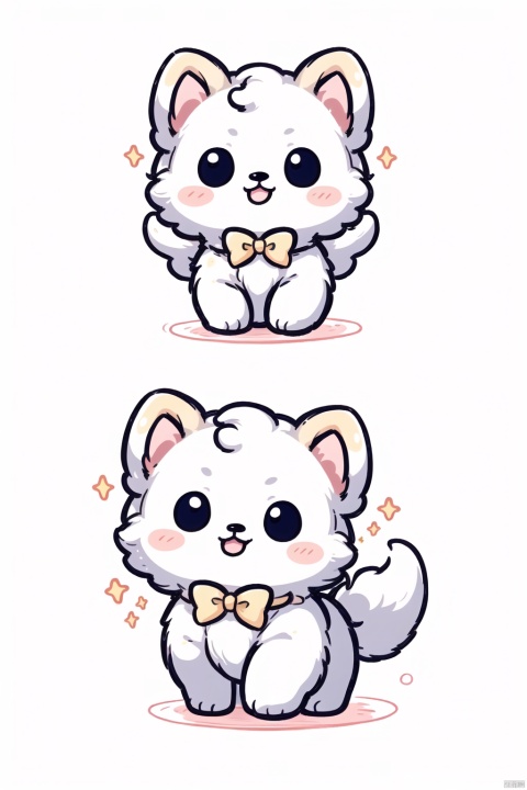 anime dog stickers group 16, white west highland white terrier,yellow bowtie, in the style of dark yellow and beige, dynamic action sequences, various shape,well behaved and cute expression,no white border,sketch fab, white, hallyu, happenings, gemstone, mdong, dog, tiezhi