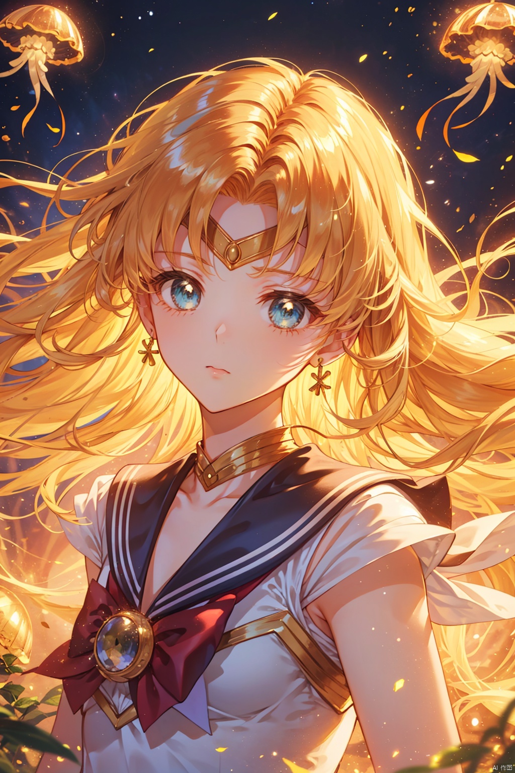 The beautiful warrior Sailor Moon is running through the forest, captured in a close-up, front-facing, high-definition shot with a long-focus lens, basking in natural light. Her flowing, bright-colored hair exudes confidence., (\shen ming shao nv\), msn, jellyfishforest