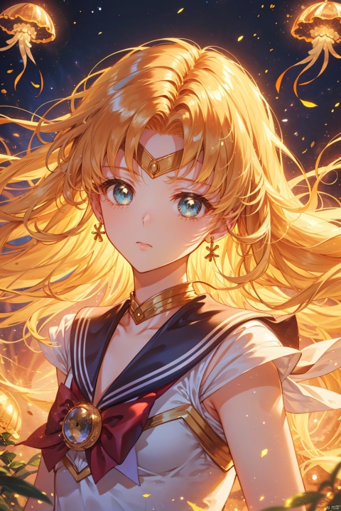 The beautiful warrior Sailor Moon is running through the forest, captured in a close-up, front-facing, high-definition shot with a long-focus lens, basking in natural light. Her flowing, bright-colored hair exudes confidence., (\shen ming shao nv\), msn, jellyfishforest