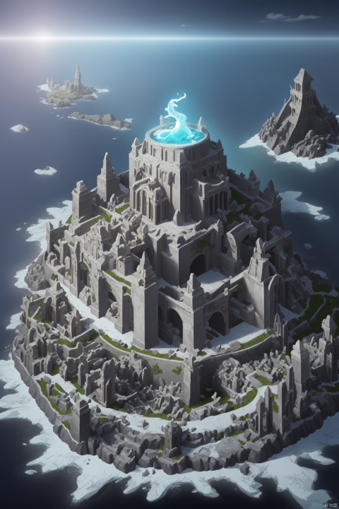 satellite imagery, detailed, fantasy world building, tundra, cliffside to cold ocean, ancient religious structure of a fallen kingdom, ruins, sporadic magical glow and light, bright, unique colors, unusual shapes,关于城堡的建筑的就行