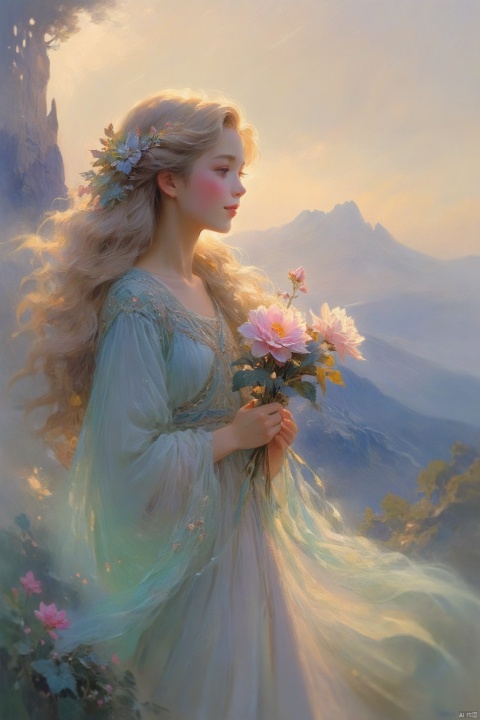 (High-definition details, delicate light and shadow, dreamy style: 1.3), exquisite picture, a girl with long flowing hair, wearing a light gauze, with a fairy spirit. The background is mist-shrouded mountain peaks, like a fairyland. The girl holds a flower in her hand and looks into the distance with a smile, her eyes full of longing and hope., glow, (\shen ming shao nv\)
