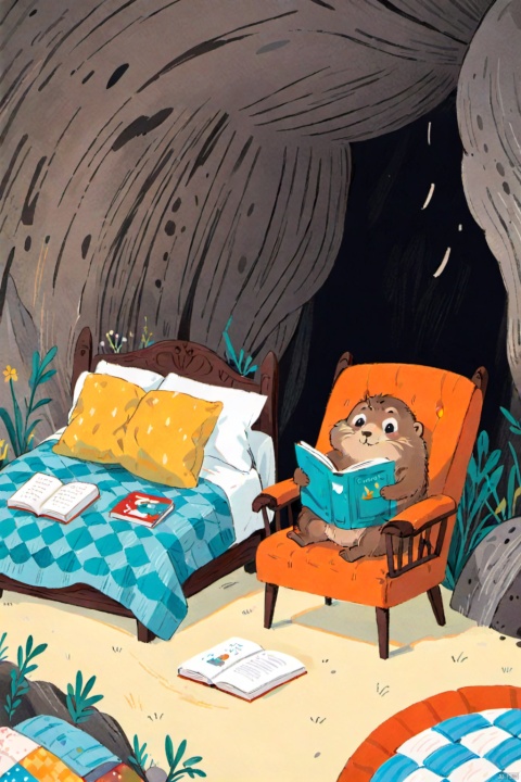 Showing the interior of the cave, a marmot is reading a book on a chair. The cave is clean and tidy, with beds, quilts, books and furniture. Sandra Boynton 's painting depicting., Children's Illustration Style, keaiduo