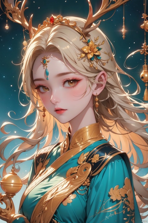 A beautiful character painting of a young girl in an ancient, lavish dress, depicting the Ice Age, portraying a constellation (celestial); theamberdeer lady, green ji, in a mysterious portrait, with a galaxy as the backdrop, exquisite and realistic, inspired by the yellow light, featuring a snow queen holding a bell, a beautiful androgynous figure, an AI princess, in a comic style, draped in natural starlight, an elk, in attire, Ice Age., Light master, (\shen ming shao nv\)