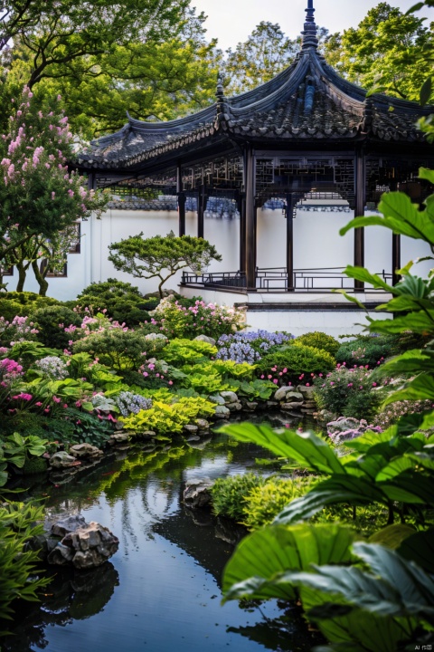 Best quality,masterpiece,ultra high res,(photorealistic:1.4),Oriental classical garden, (foreground, flowers and plants, virtual focus,) modeling pine, pond, rockery, classical architecture, reflective gloss, light through the window, warm and warm, elegant style, high-detail, realistic film photography style,