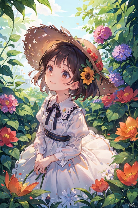 masterpiece,best quality,ultra-detailed,an extremely delicate and beautiful,extremely detailed wallpaper,(looking up) a girl in a straw hat is surrounded by flowers and plants,wearing a white dress,she is smiling,a girl,flowers are the foreground,fuzzy foreground,depth of field,dress,flowers,flowerpots,hats,vines,leaves,poppies (flowers),morning glory,orange flowers,leaves,trees,plants,solo,sunflowers,tulips,vines,colorful flowers, hydrangea flower