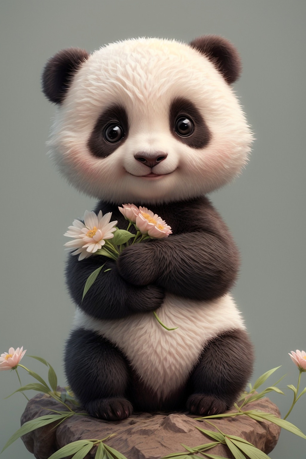 tiny cute baby panda with colorful flowers in her hands can hardly stand the flowers, close up, cinematic, award-winning, hyperrealism, photography.