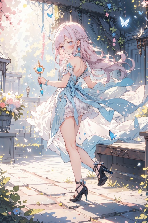 Butterfly Princess, long hair, high heels, fairy tale style, garden, soft lighting, mid shot, front composition, elegant movements, pink decoration, shutter priority, soft tones, dreamy emotions, magic circle, magic stick., ((poakl)), backlight, cozy anime, lvyi