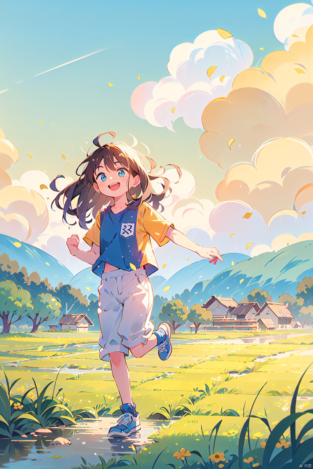 Running in the paddy field, distant view, noon sunshine, golden color tone, wide-angle lens, long hair fluttering, brilliant smile, white T-shirt, blue suspender pants, freedom, tranquility. Happy