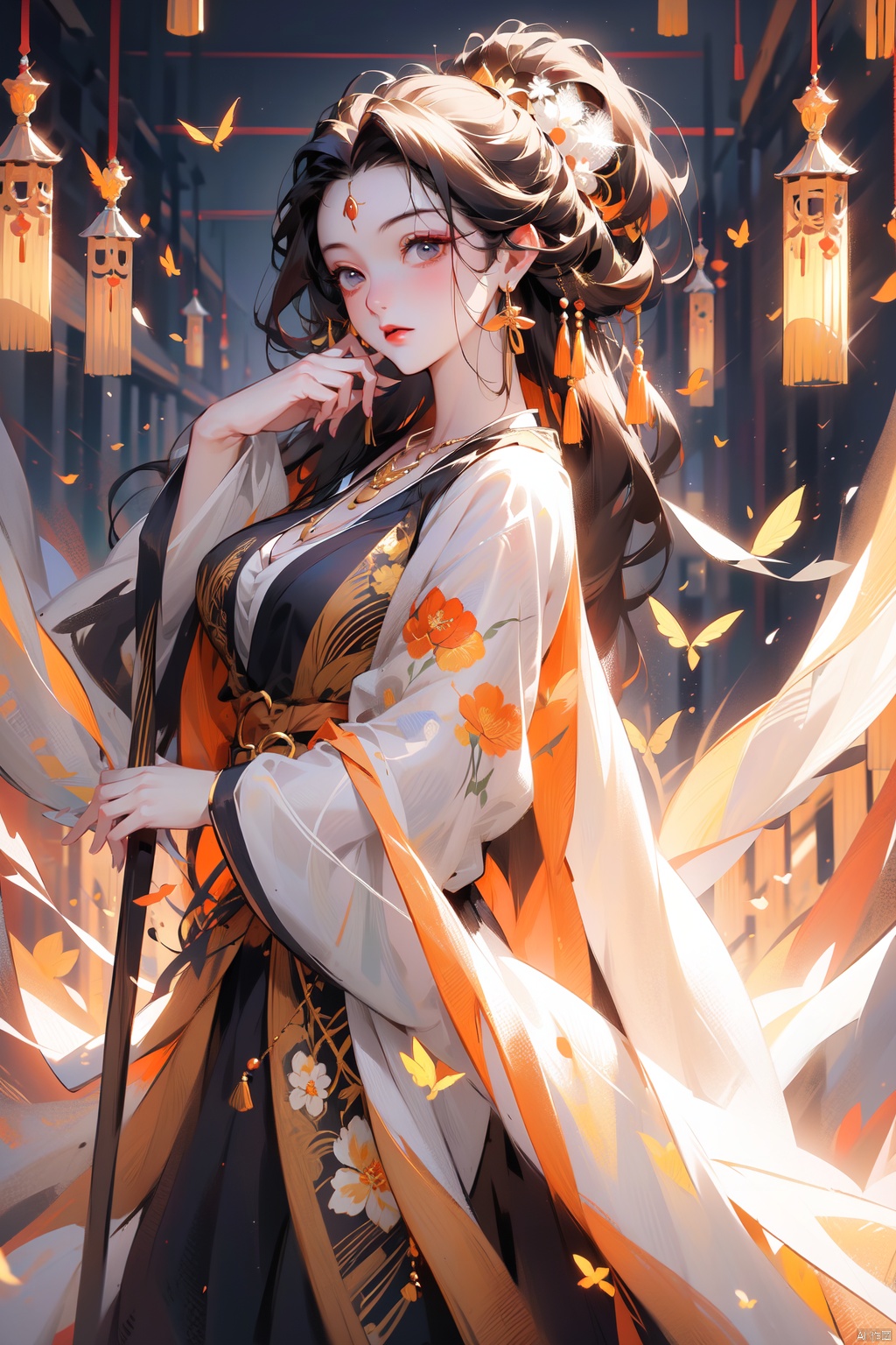 (best quality,masterpiece, original, extremely detailed 8K wallpaper)((absurdres)),(ultra-detailed),East Hanfu girl, voluptuous figure, golden earrings, golden necklace, photo style, clear details, wooden background, complete tags, happy sunshine, stylish, clothing., girl, zanhua, HUBG_Rococo_Style(loanword)
