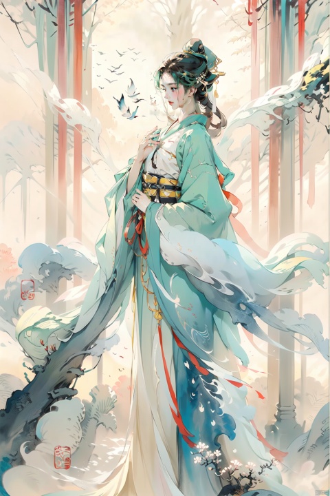  Women wear green Hanfu, with exquisite brushstrokes and a half body portrait in light colors, with large areas of white space, creating a breathable and artistic atmosphere.exudes a dignified and elegant style, tranquility and peace, traditional charm, and delicate details., watercolor, Hanama wine, Oil painting