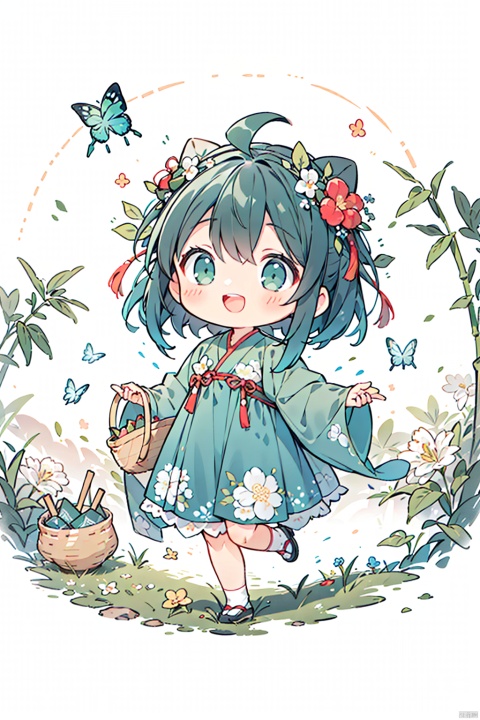 The little girl is wearing traditional Chinese Hanfu, wearing a wreath on her head, and holding a bamboo basket in her hand. She is happily jumping in the green countryside, surrounded by flowers and fluttering butterflies. The screen adopts bright color tones, with simple and clear lines, presenting a warm and happy atmosphere. Pastoral style illustrations, bright colors, simple lines, happiness, innocence, and nature.,汉服, cozy animation scenes