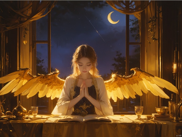 Rich in details, Lady cleric, casting a spell of prayers, against the backdrop of a forest, beneath the night sky., (\shen ming shao nv\), oil painting, bichu, machinery,wings, 372089