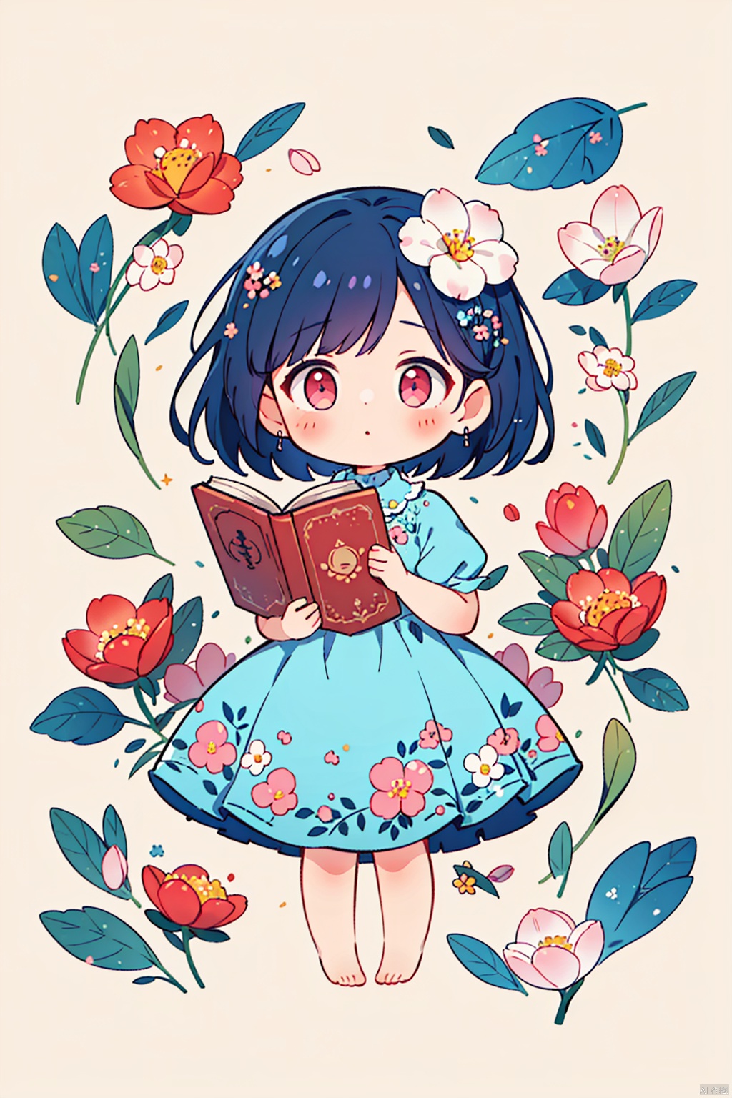 (best quality,masterpiece, original, extremely detailed 8K wallpaper)((absurdres)),(ultra-detailed),(top view)1girl, solo, flowers background, dress, holding, flower, short sleeves, lying, barefoot, puffy sleeves, puffy short sleeves, book, blue dress, leaf, white flower, pink flower, holding book, floral background, TT, 2D ConceptualDesign