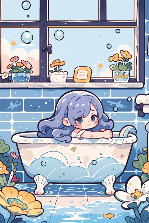 cute little girl lying in the ocean of flowers, big watery eyes, long curly hair, soap bubbles floating around, bathtub surrounded by flowers, with flowers in the foreground and background, rainbow glass window, comfortable, sunlight passing through the window, healing, joyful, foreground and beautiful flowers wrapped in foam, medium and close ups, cozy animation scenes