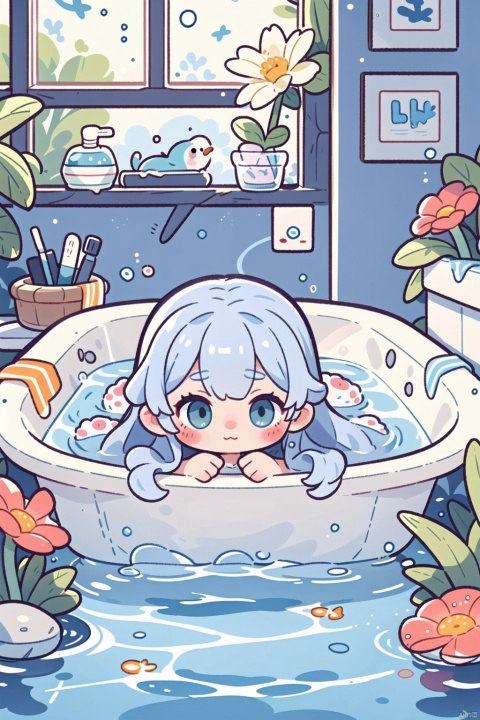 cute little girl lying in the ocean of flowers, big watery eyes, long curly hair, soap bubbles floating around, bathtub surrounded by flowers, with flowers in the foreground and background, rainbow glass window, comfortable, sunlight passing through the window, healing, joyful, foreground and beautiful flowers wrapped in foam, medium and close ups, cozy animation scenes