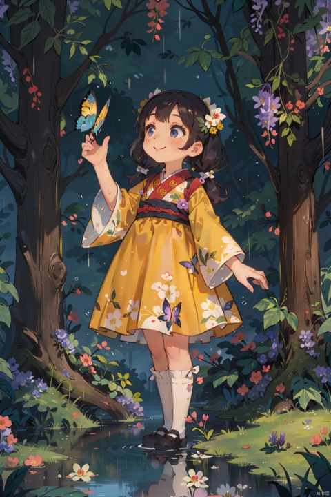 Rainy day (under wisteria flower) 1 girl (standing on the grass), solo, long hair, powder blusher, looking up at the sky, smile, skirt, black hair, long sleeves, standing, braid, flower, outdoor, grass,wide dress, wide sleeves, hanfu dress, single braid (pigtail), looking up, butterfly, standing on the grass on the bank, reflection in the water, rain, ripple, yellow dress, many wisteria flowers are above the screen。, ru_qun, TT, loli