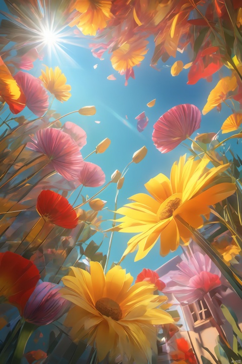 The sunlight falls on the flowers, creating a spectacular sight. The abstract art photos rendered in 3D adopt the A.B. Jackson style, with a high degree of detail and a broad perspective. Bright light creates a harmonious atmosphere, allowing people to feel the warmth of sunlight and the beauty of flowers. Flowers form a diagonal composition, with bright colors, detailed textures, intertwined light and shadow, natural elements, vibrant vitality, and strong artistic sense., shining, candy-coated