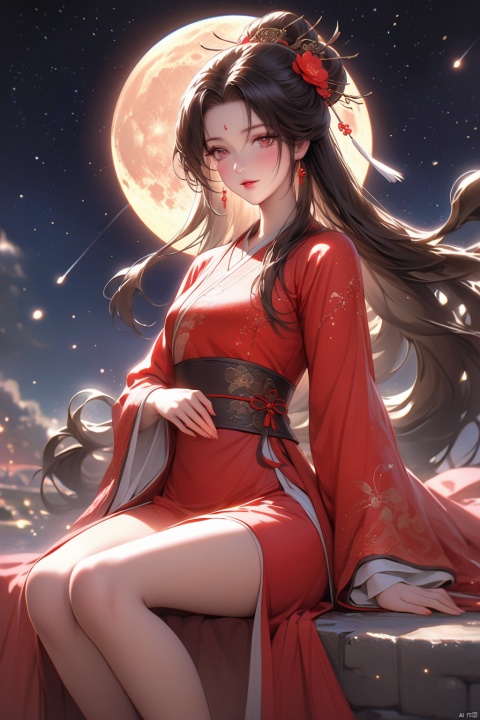  Realistic picture quality, long legs, full body shot, frontal shot, Chinese beauty, red Hanfu, Chinese clothing, long hair, staring at the camera, CG work, stunning beauty, sitting under the stars, meteor shower, bright moon in the sky, high details , very beautiful girl, striking facial features, detailed, realistic, tall, ultra high definition, 8k, (\hui mou\)