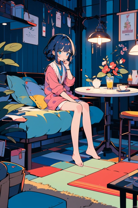 masterpiece,best quality,A girl sitting at a table, lonely, sad, healing style, warm, backlight, cozy anime, flat