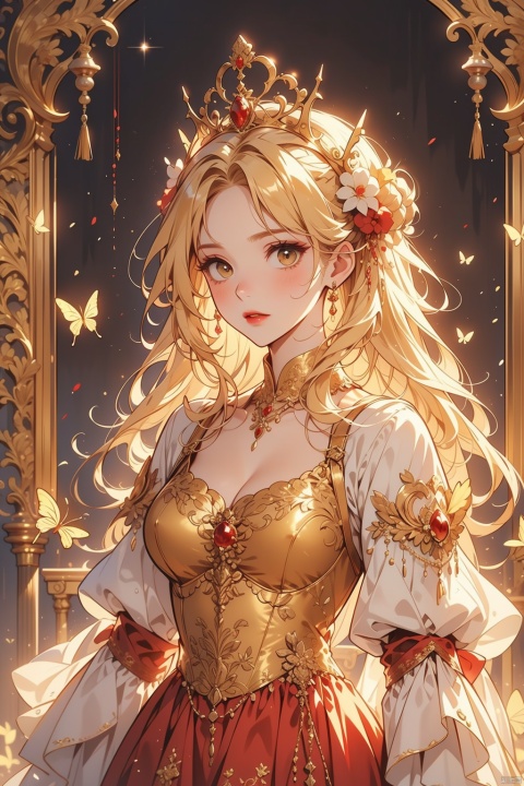 The young lady is adorned in a resplendent golden Rococo-style gown, with golden hair ornaments and a crown. Her delicate countenance is enhanced by exquisite makeup, complementing her fair complexion and slightly parted red lips. She holds a butterfly in her hand, exudes a Baroque-style and detailed illustrative artistry, featuring magnificent lighting and warm tones, and focusing on a portrait shot from the chest up, HUBG_Rococo_Style(loanword), vampire, (\shen ming shao nv\), Lolita