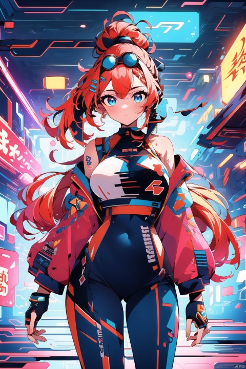 A anime character in Cyberpunk style clothes. She has a slender figure and is wearing a tight fitting jumpsuit made of luminescent fibers and smart textile materials, emitting a faint blue fluorescence. Her hair is orange in color, tied into a ponytail by the hair clip on her head, creating a sharp contrast with the blue light in her eyes. It is a master's work with the best picture quality, high details, ultra-high resolution, 8k resolution, and a seven part shot of Cyberspace Futurism, Pink Mecha, 1girl,Punk, azur lane