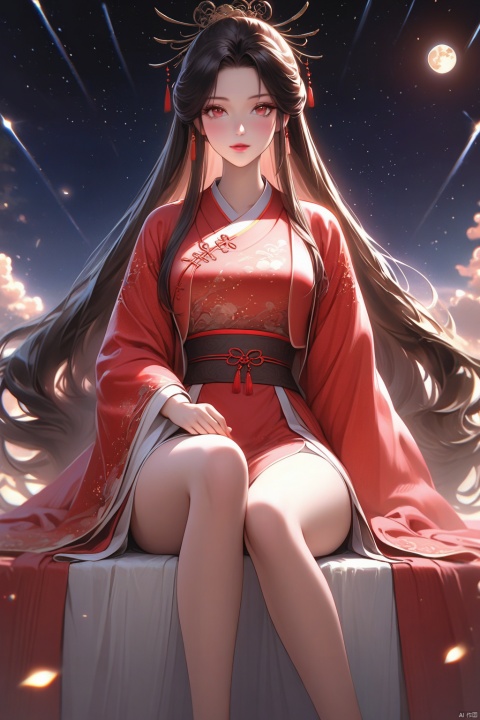  Realistic picture quality, long legs, full body shot, frontal shot, Chinese beauty, red Hanfu, Chinese clothing, long hair, staring at the camera, CG work, stunning beauty, sitting under the stars, meteor shower, bright moon in the sky, high details , very beautiful girl, striking facial features, detailed, realistic, tall, ultra high definition, 8k, (\hui mou\)