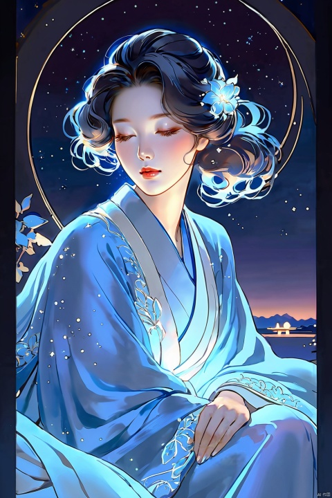 masterpiece,best quality,he charming woman, under the starry sky, with a gentle breeze, captured through a telephoto lens, illuminated by sidelight, enveloped in a blue hue, exudes a sense of solitude, contemplation, and melancholy., line art, (\shen ming shao nv\), glow, xsgb