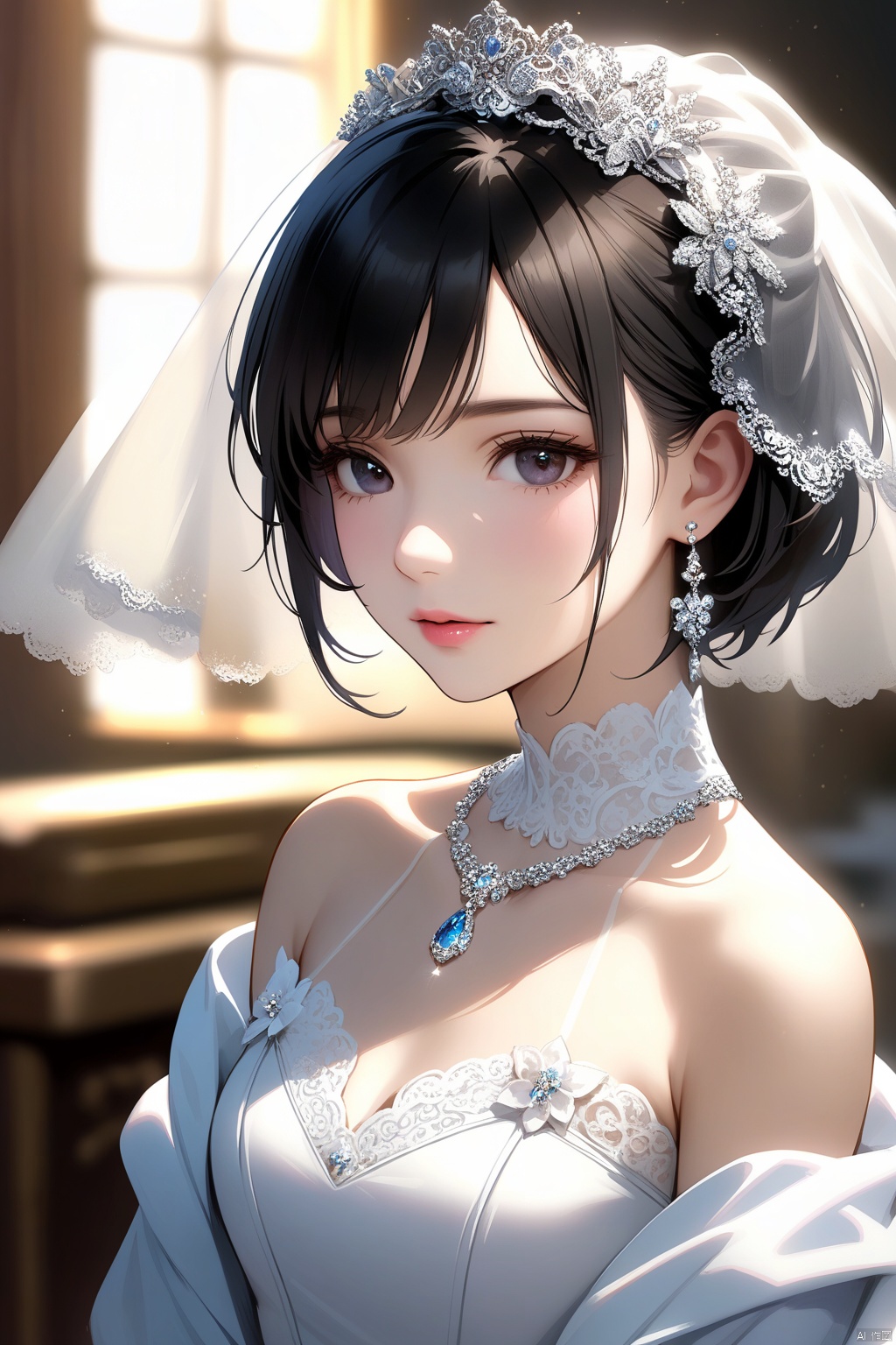 1girl, solo, looking at viewer, short hair, black hair, dress, bare shoulders, jewelry, upper body, earrings, necklace, white dress, black eyes, lips, veil, wedding dress, realistic, bridal veil, bride