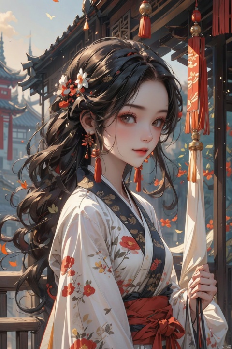  A Chinese girl, dressed in traditional Hanfu, stands in front of an ancient pavilion, her black hair flowing gently in the breeze as she gazes into the distance with a gentle smile. With an ancient and ethereal aesthetic, soft color tones, backlit footage, a telephoto lens, dignified elegance, serene tranquility, natural lighting, and warm emotions., Colorful portraits, guoflinke, qingsha, Light-electric style, Hanama wine, girl, mLD