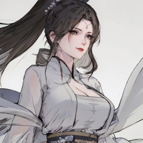  solo,highly detailed,(best quality),((masterpiece)),1girl,black hair,simple_background,long hair,big_breasts,peiyuhan,cleavage,white cloth,hanfu,(evil smile),upper_body,taunting,scornful,haughty,(from below),(arms behind back),hanfu,evil laugh,((see through)),nsfw,shenxiang,