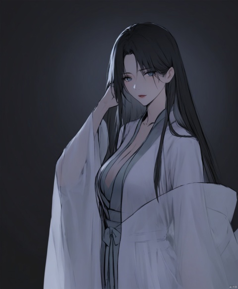  solo,highly detailed,(best quality),((masterpiece)),1girl,black hair,simple_background,long hair,peiyuhan,hanfu,see-through,ggbh,looking_at_viewer,black_background,