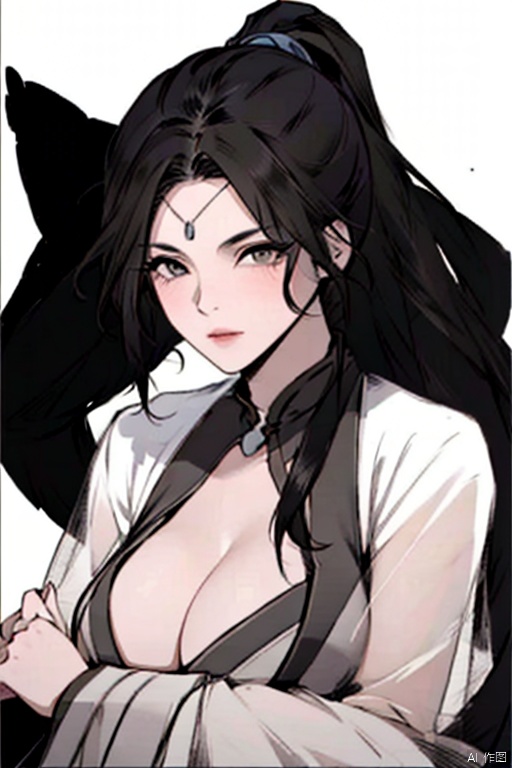  solo, highly detailed, cinematic highlight hair, (best quality), ((masterpiece)),1girl, black hair,black eyes, simple_background,  ponytail,looking at viewer, hanfu,pov,hair stick ,big_breasts,simple_background,see_through, 1girl, peiyuhan,cleavage