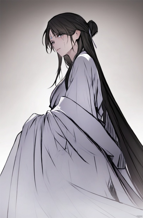  solo,highly detailed,(best quality),((masterpiece)),1girl,black hair,simple_background,long hair,peiyuhan,white cloth,hanfu,necklace,see-through,black_background,looking_at_viewer,full_body,blank stare,crying_with_eyes_open,crying,tears,sitting_down,updo,from below,