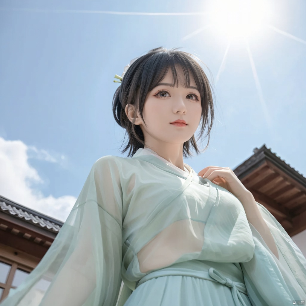  solo,highly detailed,(best quality),((masterpiece)),1girl,black hair,short hair,hanfu,see-through,looking_at_viewer,from below,upper body,mountain,big_breasts,