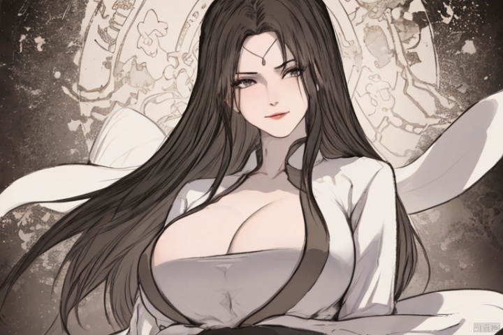  solo,highly detailed,(best quality),((masterpiece)),1girl,black hair,simple_background,long hair,big_breasts,peiyuhan,cleavage,white cloth,hanfu,(evil smile),upper_body,taunting,scornful,haughty,(evil),(from below),(arms behind back),hanfu,evil laugh,((see through)),nsfw, Ink scattering_Chinese style,