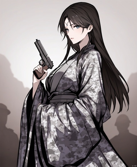  solo,highly detailed,(best quality),((masterpiece)),1girl,black hair,long hair,peiyuhan,hanfu,ggbh,looking_at_viewer,trench coat,military uniform,paradis military uniform,army,black clothes,mask,combat boots,world war i,arms behind back,armor,shockwave,camouflage,plate carrier,bayonet,plate carrier,digital camouflage,pointing pistol,gun,handgun,