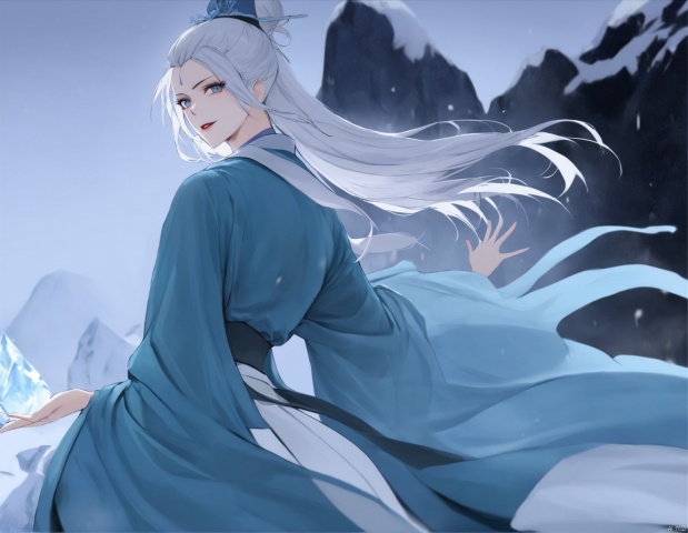  solo,highly detailed,(best quality),((masterpiece)),1girl,white hair,blue eyes,long hair,peiyuhan,hanfu,see-through,ggbh,looking_at_viewer,evil,evil smile,from below,ice,snow,cryokinesis,upper body, zhangshiyao,bangs pinned back,hair bun,updo,
