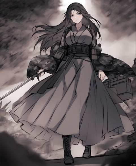  solo,highly detailed,(best quality),((masterpiece)),1girl,black hair,long hair,peiyuhan,hanfu,ggbh,looking_at_viewer,trench coat,military uniform,paradis military uniform,army,black clothes,mask,combat boots,world war i,arms behind back,armor,shockwave,camouflage,plate carrier,bayonet,plate carrier,digital camouflage,