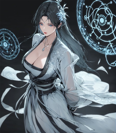  solo,highly detailed,(best quality),((masterpiece)),1girl,black hair,simple_background,long hair,peiyuhan,cleavage,white clothes,hanfu,necklace,see-through,looking_at_viewer,black_background,portrait,ggbh,,magic circle,magic array,magic circles,machine_rob,arms behind back,