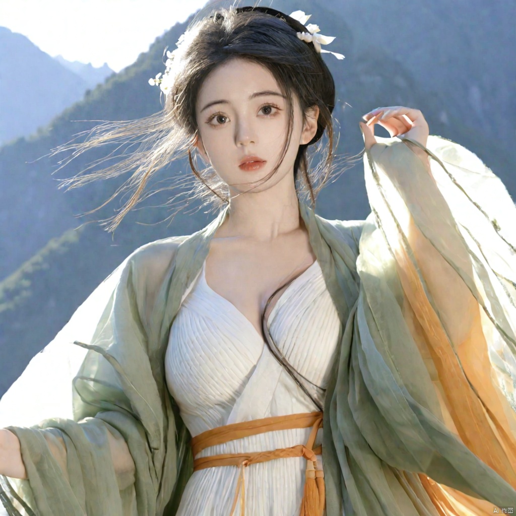  solo,highly detailed,(best quality),((masterpiece)),1girl,black hair,short hair,hanfu,see-through,looking_at_viewer,from below,upper body,mountain,huge_breasts,